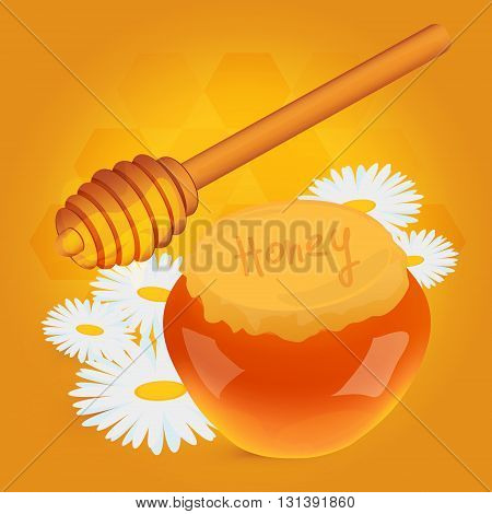 Closed honey pot and stirring stick with white camomiles on yellow background