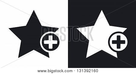 Vector star favorite icon with plus glyph. Two-tone version on black and white background