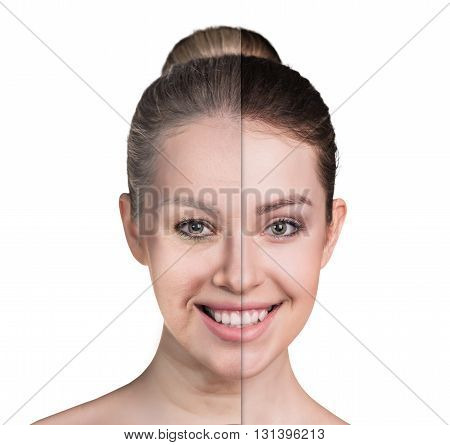 Old and young woman, isolated on white, before and after retouch, beauty treatment, aging concept.