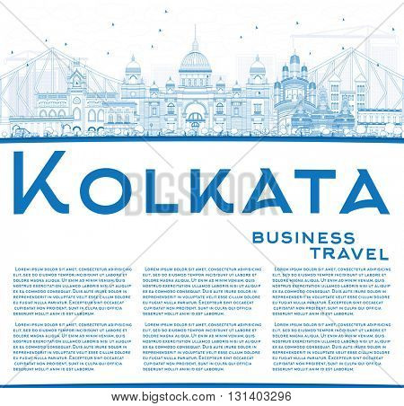 Outline Kolkata Skyline with Blue Landmarks and Copy Space. Business Travel and Tourism Concept with Historic Buildings. Image for Presentation Banner Placard and Web Site.