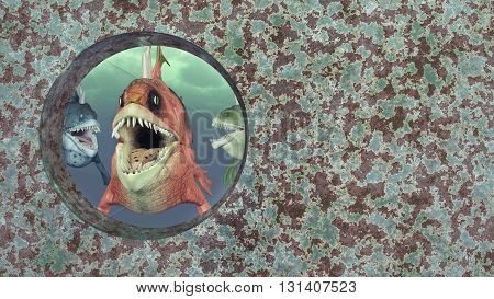 Computer generated 3D illustration with monstrous fish and rusty iron wall of a shipwreck