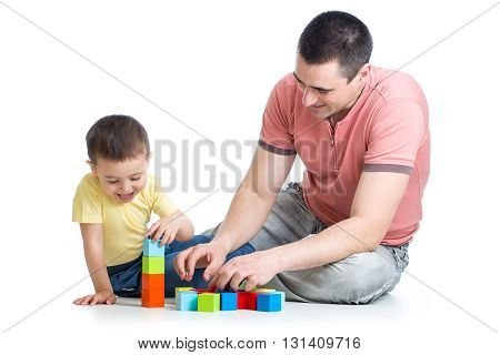 Dad and his son kid playing game together over white background