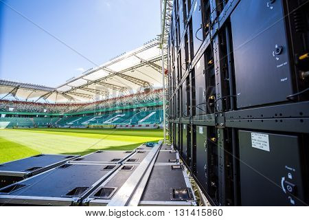 Warsaw Poland - July 22015: Led screen installed on the Legia stadium in Warsaw before an multimedia event