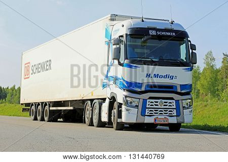 SALO, FINLAND - MAY 22, 2016: New white Renault T Semi cargo truck of H Modig Ky parked on asphalt yard in South of Finland.