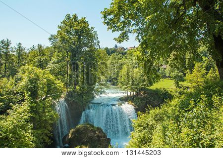 Waterfall on Korana river canyon and beautiful village of Rastoke near Slunj in Croatia