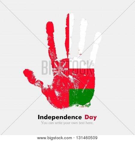 Hand print, which bears the Flag of Oman. Independence Day. Grunge style. Grungy hand print with the flag. Hand print and five fingers. Used as an icon, card, greeting, printed materials.
