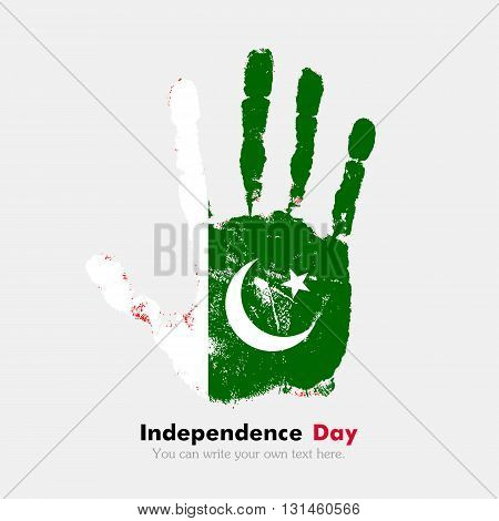 Hand print, which bears the Flag of Pakistan. Independence Day. Grunge style. Grungy hand print with the flag. Hand print and five fingers. Used as an icon, card, greeting, printed materials.