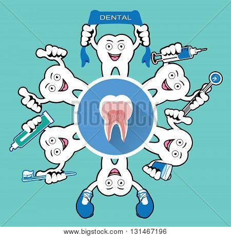 Cartoon Smiling tooth with modern flat smile icon.