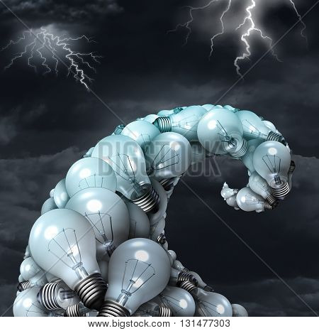 Creative storm concept as a poerful creativity symbol as a group of light bulbs shaped as a water wave undertow with lightning bolts as an inspiration metaphor and brainstorm icon with 3D illustration elements.