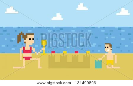 Pixel Art Image Of Children Building Sandcastle On Beach