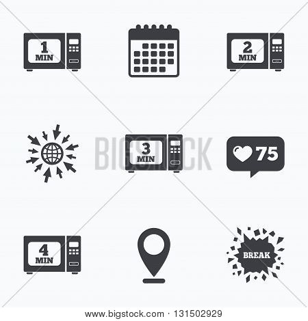Calendar, like counter and go to web icons. Microwave oven icons. Cook in electric stove symbols. Heat 1, 2, 3 and 4 minutes signs. Location pointer.