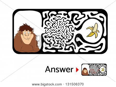 Maze puzzle for kids with monkey and banana. Labyrinth illustration, solution included.