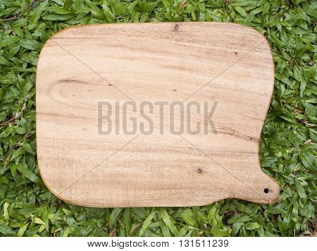 Wooden trencher chopping block on grass. Top view.