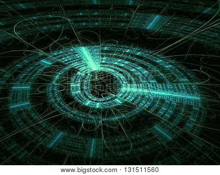 Abstract technology backbround - computer-generated image. Fractal background - green disk with radiating from the center lines and metallic luster. For banners, covers, web design