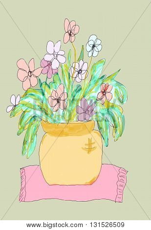 Drawing of a Flower Pot with pastel flowers.  The pot is gold and is on a pink cloth with a green background.