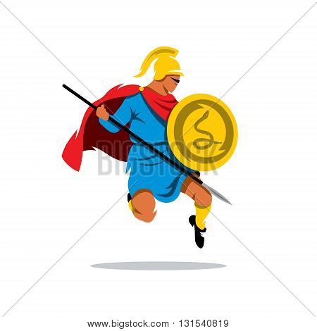 Gladiator in a helmet jumping with shield and a spear. Isolated on a white background