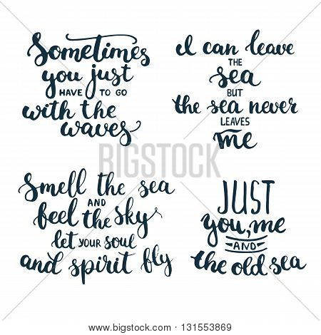 Hand drawn typography lettering phrases set about sea ocean and summer time. Modern calligraphy for typography greeting and invitation card for sea summer beach party.
