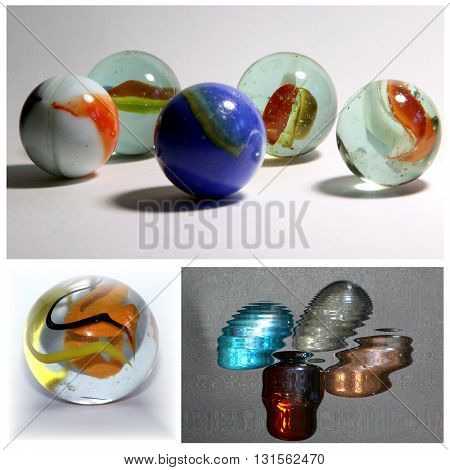 a photomontage depicting balls and a cap