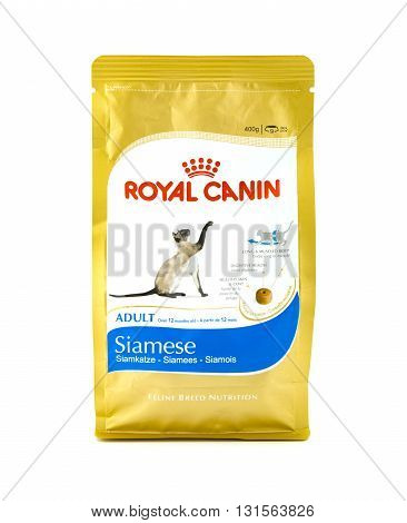 SWINDON UK - MAY 21 2016: ROYAL CANIN Adult Siamese Cat Food on a white Background