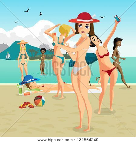 Beautiful women in bikini at the seaside. Group of women bathing and sunning on the beach. Vector flat cartoon illustration people sunbathing on the beach