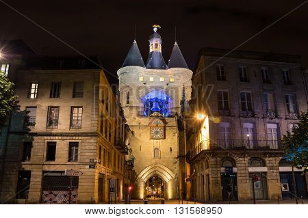 BORDEAUX FRANCE - MAY 06 2015: The Grosse Closhe belltower in historical center of Bordeaux in the night France