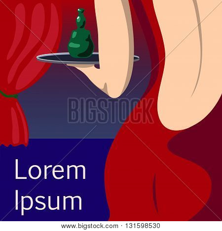Pretty woman waitress in red evening dress vector illustration with place for text woman in open back dress sensual girl in evening dress sexy waitress bar girl with green bottle