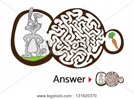 Maze puzzle for kids with rabbit and carrot. Labyrinth illustration, solution included.