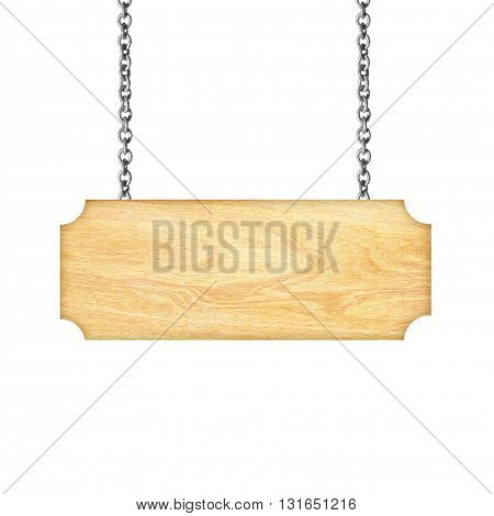 Wooden sign hanging on a chain isolated on white background