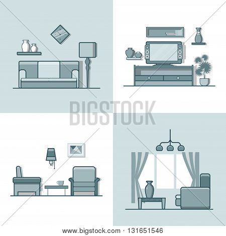 Living room interior indoor set. Linear monocolor stroke outline flat style vector icons. Monochrome icon collection.