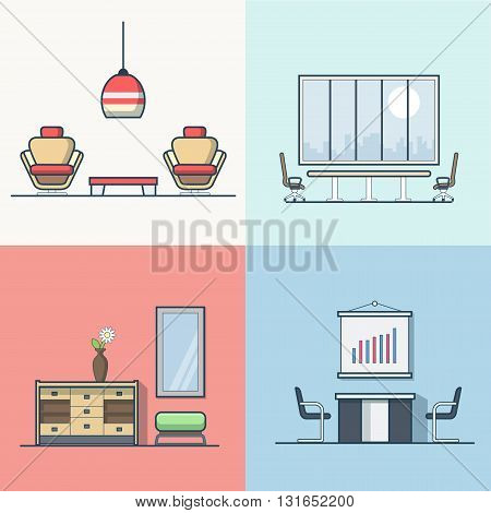 Office meeting conference room table chair armchair night dance club living room interior indoor set. Linear stroke outline flat style vector icons. Color icon collection.