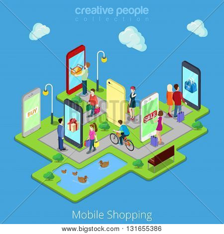 Flat 3d web isometric mobile e-commerce electronic business online mobile shopping sales infographic concept vector. People walk streets between stores boutiques inside smartphones tablets.