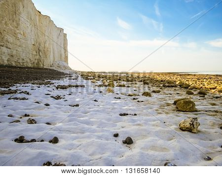 Seven Sisters National Park view of the cliffs and the beach on a low tide, East Sussex  England
