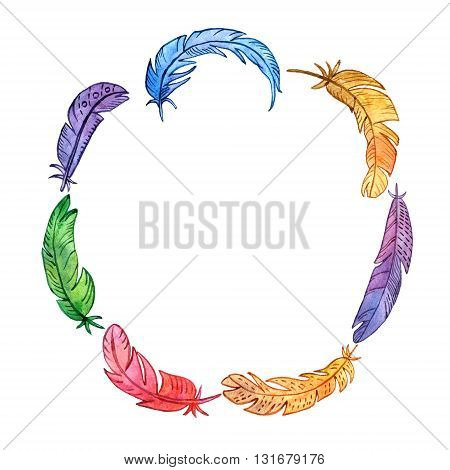 frame with watercolor drawing feathers, ornate color plumelet isolated at white background, hand drawn template, gift card