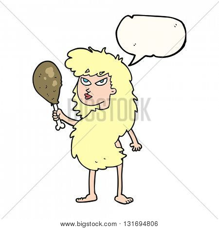 freehand drawn speech bubble cartoon cavewoman with meat