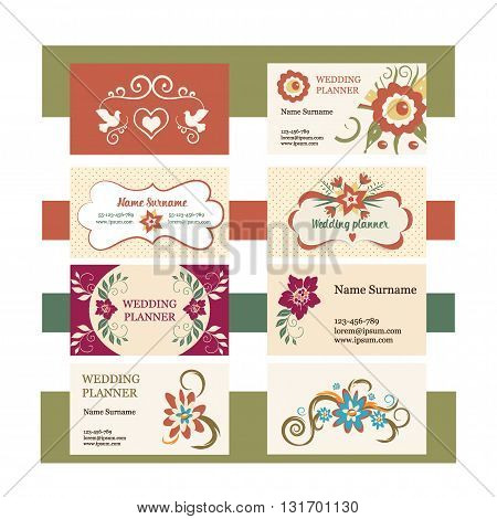 template of vector set vintage business cards with floral logo. Ideal for a wedding planner or florist. Feminine print design