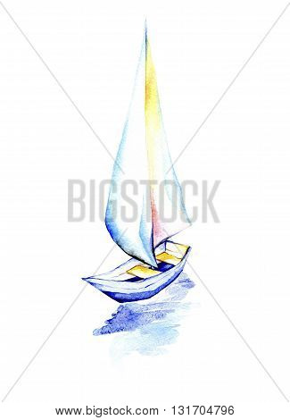 Sailing boat on a white background.Watercolor painting of sailing ship with white sails