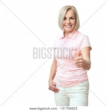 Smilling attractive middle aged woman showing thumbs up okay. Isolated square