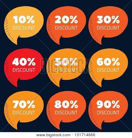 Set of orange and red percent discount speech bubbl. sale vector illustration