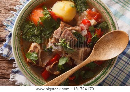Arabic Thick Lamb Soup With Vegetables Closeup. Horizontal Top View