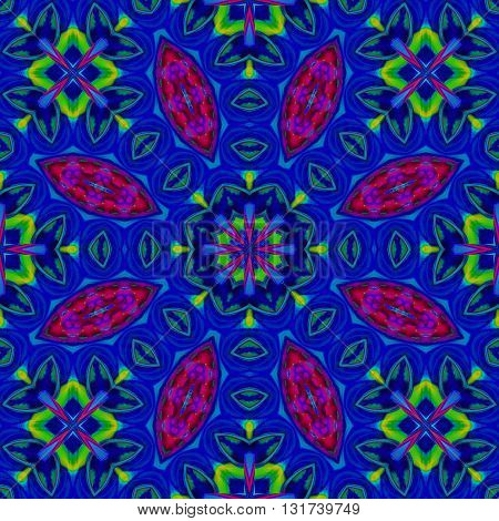 Abstract geometric seamless background, kaleidoscope. Floral ornament dark blue, red and violet with square elements in bright green, ornate and conspicuous.