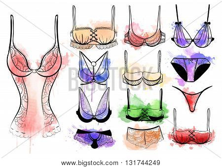 Female fashion lingerie. Sexy lacy lingerie set. Vector lingerie collection.
