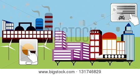 Smart city. Cityscape with different icons. Flat vector illustration. Smart industry. Flat industry. Ecology illustration