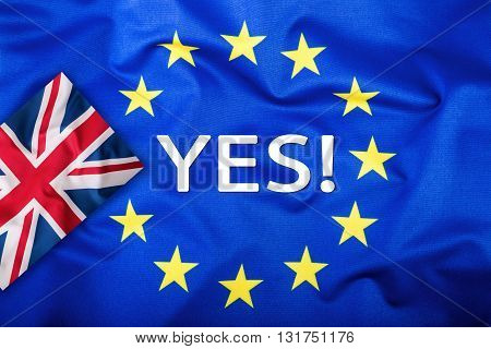 Brexit. Brexit Yes. Brexit No. Flags of the United Kingdom and the European Union. UK Flag and EU Flag. British Union Jack flag. Flag outside stars. England appearances in the European Union.