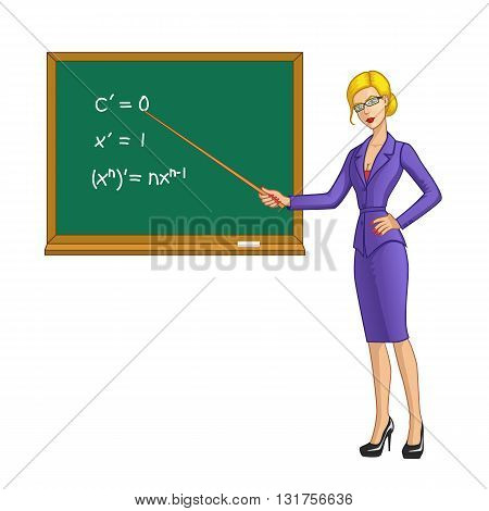 School teacher standing near the blackboard and holding the pointer in hand
