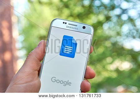MONTREAL CANADA - MAY 23 2016 : Google Docs application on Samsung S7 screen. Google Docs is a free Web-based application in which documents and spreadsheets can be created edited and stored online