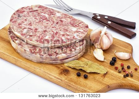Saltisons, Brawn Homemade Ham on Wood. Studio Photo