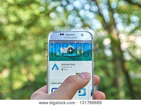 MONTREAL CANADA - MAY 23 2016 : Google Android Auto application on Samsung S7 screen. The Android Auto app links new cars that support Android Auto to Android 5.0 plus phones Lollipop or Marshmallow