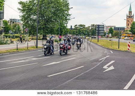 Berlin, Germany - May 28, 2016: Motorcycle parade in Berlin against violance. Motocycle demonstration on Potsdamer platz in Berlin