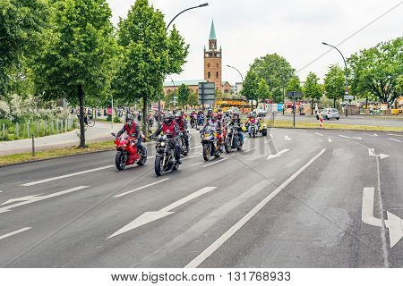 Berlin, Germany - May 28, 2016: Motorcycle parade in Berlin against violance. Motocycle demonstration on Potsdamer platz in Berlin