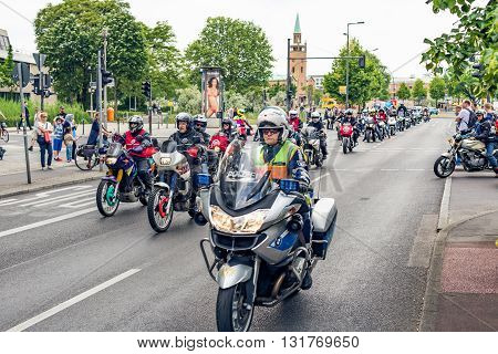 Berlin, Germany - May 28, 2016: Motorcycle parade in Berlin against violance. Motocycle demonstration on Potsdamer platz in Berlin